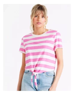 New 🔔 ONLY May Short Sleeve Stripe Knot Top In Super Pink 🧨