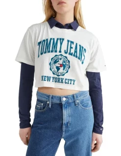 Best Sale 🔥 Tommy 👖 Jeans Super Crop College Logo Short Sleeve In Ecru White ✔️