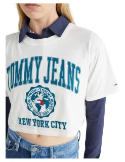 Best Sale 🔥 Tommy 👖 Jeans Super Crop College Logo Short Sleeve In Ecru White ✔️ -candle shop unnamed file 893