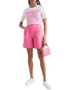 Coupon 🥰 Tommy Hilfiger Stripe Open Neck Short Sleeve Top In White/Pink 🔔