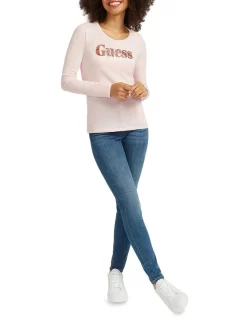 Cheapest 🔔 Guess Long Sleeve Crew Neck Astrelle Tee Ballet Pink 🎁 -candle shop unnamed file 972